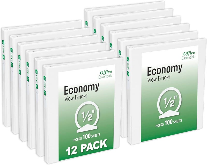 Office Essentials Economy View 3 Ring Binders, 0.5" Round Rings, 0.7" Spine, 100-Sheet Capacity, White Binders (12-Pack of 03422) - Image 1